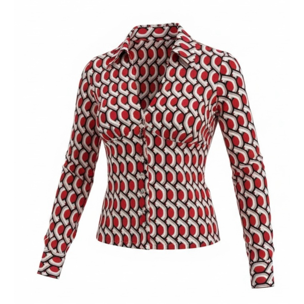 Trina Turk 100% Silk Red Black Retro Print Blouse – Size P (0)
